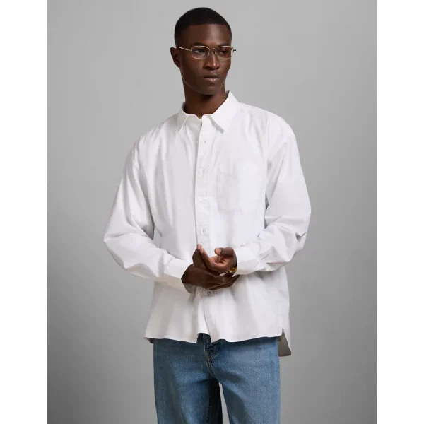 AE77 Premium Relaxed Striped Poplin Button-Up Shirt - White