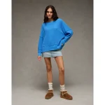 AE Big Hug Off-The-Shoulder Waffle Sweatshirt - Rich Sapphire