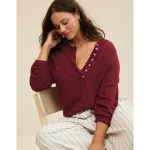Aerie Happy Snit Henley T-Shirt - Deep Cherry