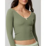 OFFLINE By Aerie Real Me XTRA Rib Open V-Neck T-Shirt - Olive Fun