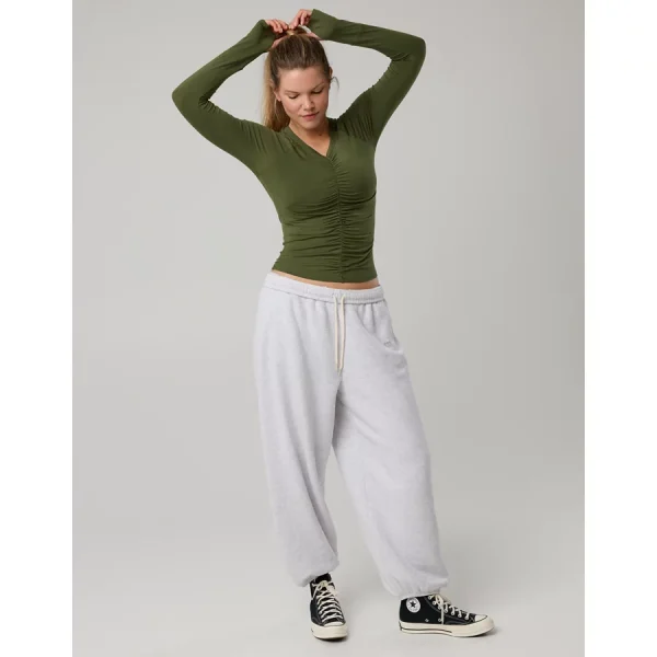 OFFLINE By Aerie Thumbs Up Ruched Long Sleeve T-Shirt - Military Green