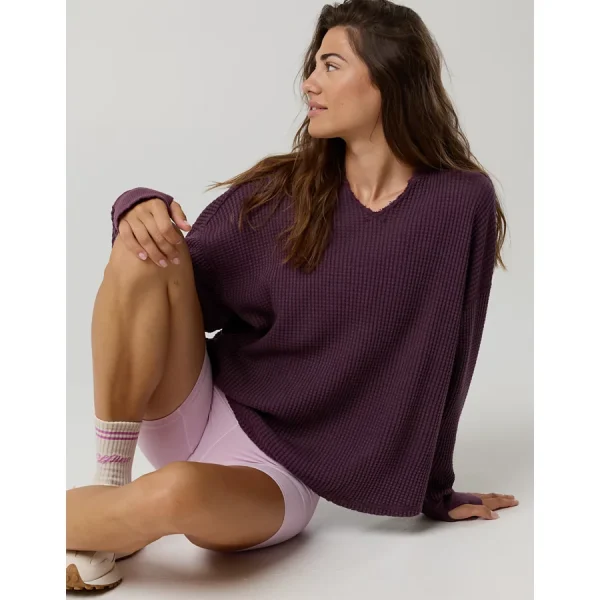 OFFLINE By Aerie Wow! Waffle Notch Neck Long Sleeve T-Shirt - Cool Berry